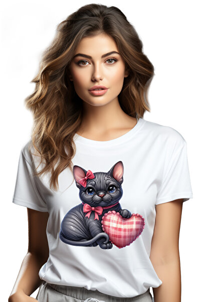 StoryGift Romania Tricou Femei cu o pisicuta neagra care tine o inima, ilustr...