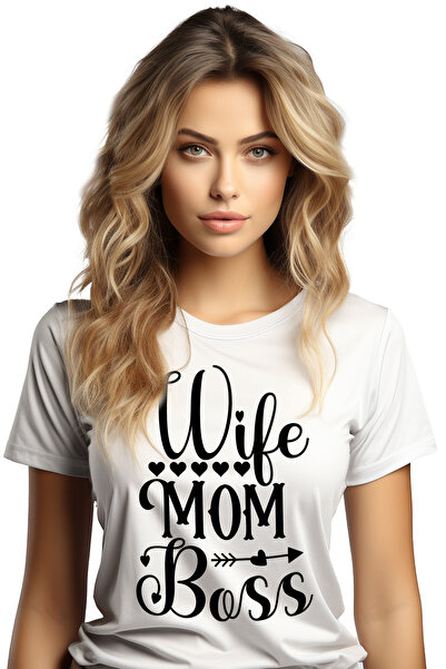 StoryGift Romania Tricou Femei cu inimioare si textul in engleza "Wife, mom, boss" - sotie mama se WHT_L