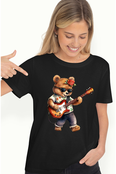 StoryGift Romania Tricou Femei cu un urs care canta la chitara, ilustratie, v...