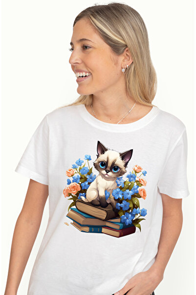 StoryGift Romania Tricou Femei cu o pisicuta Birmaneza care sta pe un teanc c...