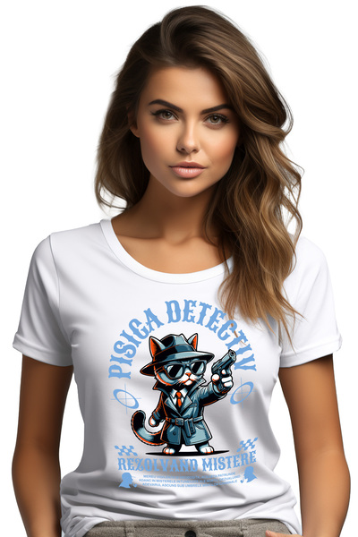 StoryGift Romania Tricou Femei Pisica Detectiv Rezolvand Mistere - Sherlock Cat, cu imprimeu pe F WHT_L