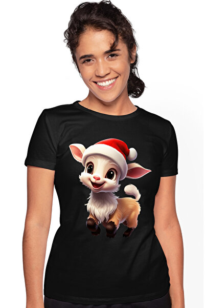 StoryGift Romania Tricou Femei cu un ied vesel care poarta o caciula de Craci...