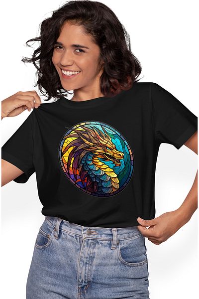 StoryGift Romania Tricou Femei cu un dragon furios, ilustratie, stil mozaic, sticla, diverse culor BLK_L