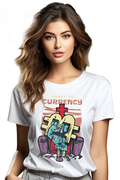 StoryGift Romania Tricou Femei Cu Simbol Bitcoin In Mana Unui Zombi, Crypt To Currency, Crypto, Mo WHT_L