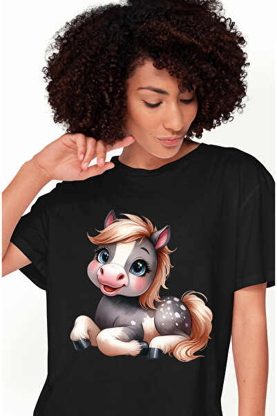 StoryGift Romania Tricou Femei cu o femela ponei fericita, ilustratie, sta degeaba, animalut de co BLK_M