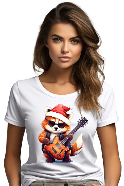 StoryGift Romania Tricou Femei cu un urs Panda Rosu care canta la chitara, ilustratie, ochelari, c WHT_L