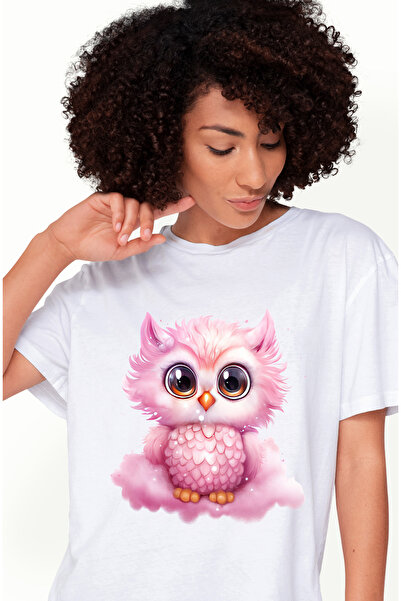 StoryGift Romania Tricou Femei cu o bufnita micuta, ilustratie, roz, surprinsa, sta pe un norisor, WHT_M