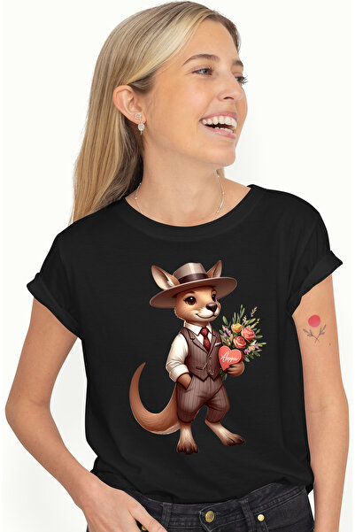 StoryGift Romania Tricou Femei cu un cangur care tine un buchet cu flori si o cutie cu bomboane, i BLK_L