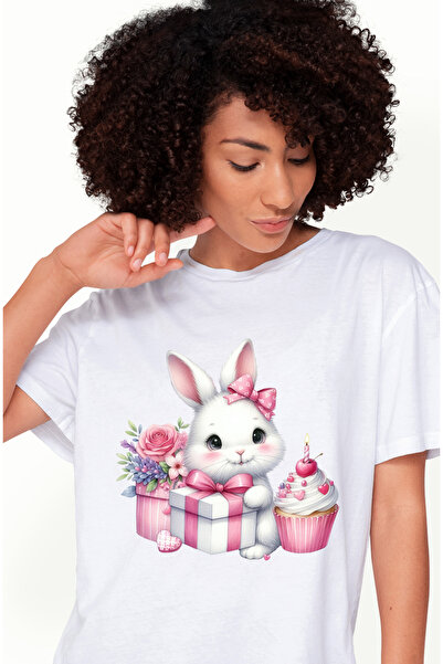 StoryGift Romania Tricou Femei cu un iepuras alb, ilustratie, cadou, floricel...