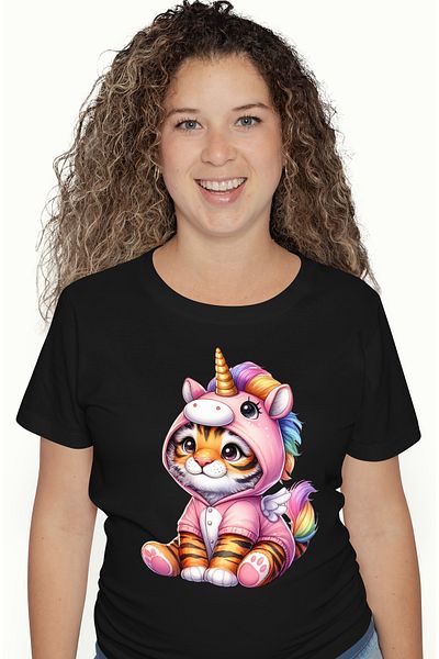 StoryGift Romania Women's T-shirt with a tiger dressed as a unicorn, illustration, playful, cheerful, joy BLK_L