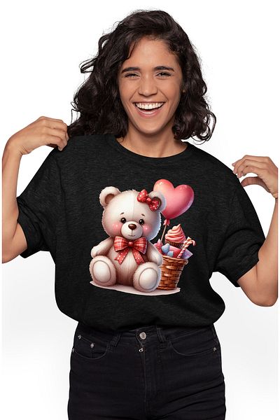 StoryGift Romania Tricou Femei cu un ursulet de plus, ilustratie, vesel, inimioara, iubire, dragos BLK_L