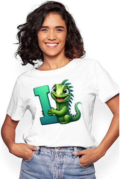 StoryGift Romania Tricou Femei cu soparla iguana cu litera "I", ilustratie, pentru copii, scoala, WHT_L