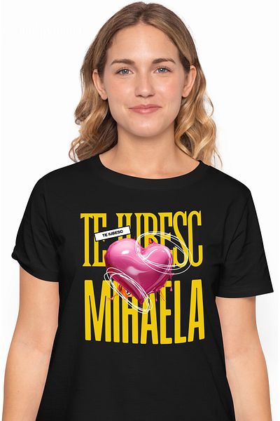StoryGift Romania Tricou Femei Te Iubesc Mihaela, Dragoste, Inima, Iubire, Sfantul Valentin, Drago BLK_L