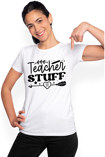 StoryGift Romania Tricou Femei cu ilustratie afisand creioane si mesajul in engleza "Teacher stuff WHT_L