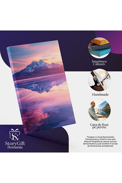 StoryGift Romania Tablou Canvas: Cerul Roz Cu Apusul Ce Crează Un Peisaj Captivant Apă Munți Zăpadă Și Culoare Pi