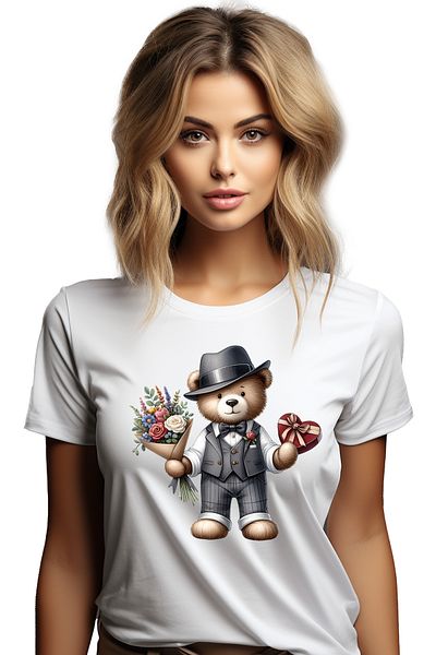 StoryGift Romania Tricou Femei cu un urs de plus care tine un buchet cu flori si o cutie cu bomboa WHT_S
