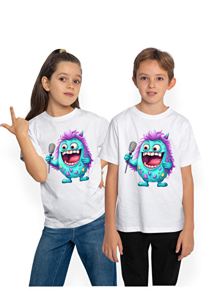 StoryGift Romania Tricou Copii Cu O Creatura Ovala Care Tine Un Microfon, Star Rock, Ilustratie, Canta, Muzi