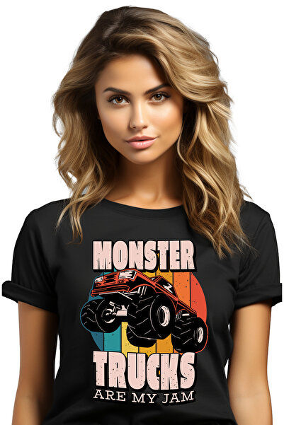 StoryGift Romania Tricou Femei Monster trucks are My Jam, cu imprimeu pe Fata, 100% Bumbac, Negru BLK_L