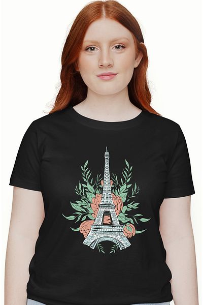 StoryGift Romania Tricou Femei Cu Turnul Eiffel, Trandafiri Rosii In Spate, Paris, Cadou Pentru Iu BLK_L
