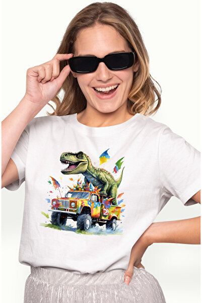 StoryGift Romania Tricou Femei cu un dinozaur care sta in portbagajul unei ma...