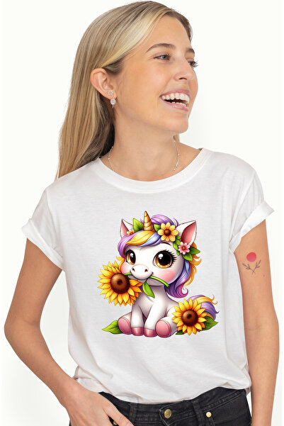 StoryGift Romania Tricou Femei cu un unicorn care tine o floare, ilustratie, ...