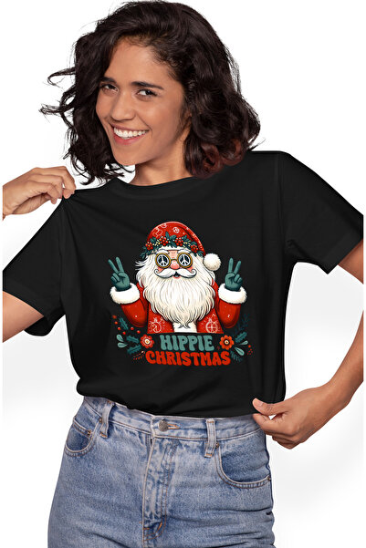 StoryGift Romania Tricou Femei cu Mos Craciun cu mesajul "Hippie Christmas", ...