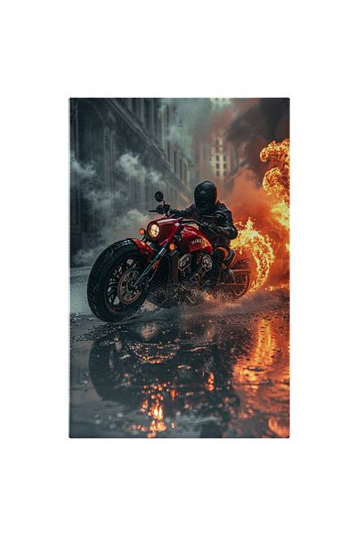 StoryGift Romania Tablou Canvas Motor Rosu Condus De Nun Barbat In Costum Negru Si Casca De Protectie Lasa Foc I