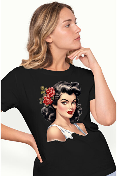 StoryGift Romania Tricou Femei cu o femeie frumoasa bruneta, ilustratie, stil retro, vechi, de mod BLK_L