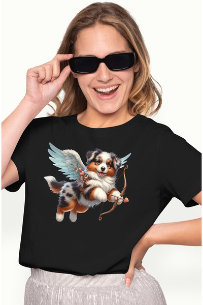 StoryGift Romania Tricou Femei cu un catelus blanos, vesel, ilustratie, trage cu arcul, zboara, ar BLK_L