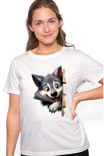 StoryGift Romania Women's T-shirt with a happy wolf, illustration, smile, wild and dangerous animal WHT_L