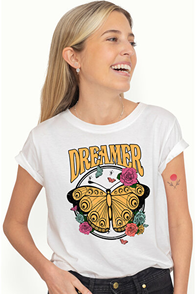 StoryGift Romania Tricou Femei cu fluture galben cu si cu trandafiri multicol...