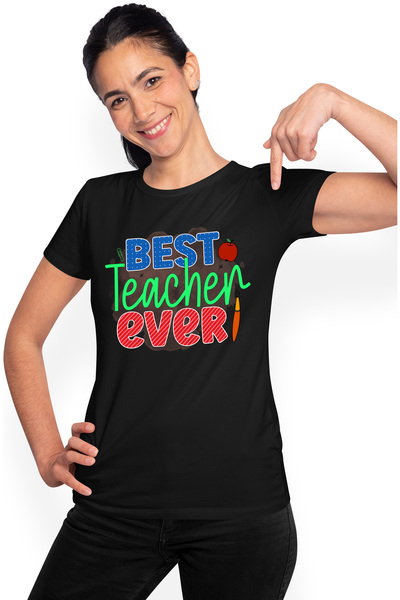StoryGift Romania Tricou Femei cu mesajul "Best teacher ever", ilustratie, scoala, elevi, studenti BLK_M