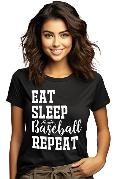 StoryGift Romania Tricou Femei cu mesajul care te indeamna sa mananci somn, sa joci baseball si sa BLK_L