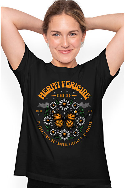 StoryGift Romania Tricou Femei Meriti Fericire - Fluture cu Flori, cu imprime...