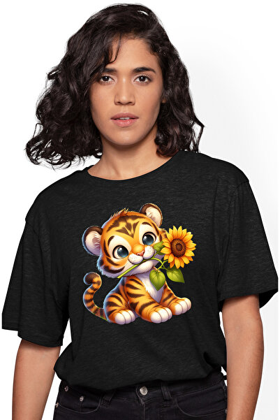 StoryGift Romania Tricou Femei cu un pui de tigru care tine o floare, ilustra...