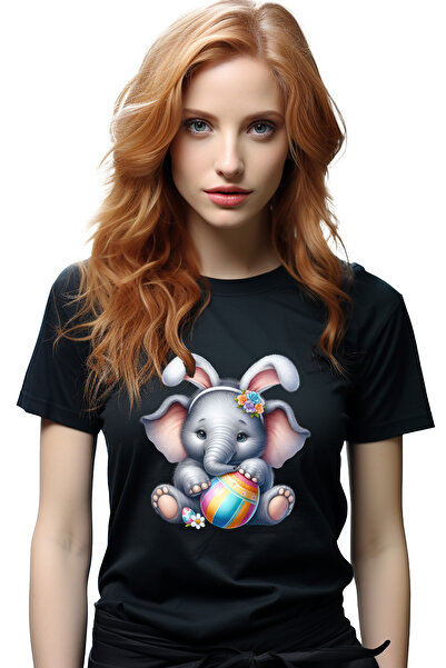 StoryGift Romania Tricou Femei cu un elefant micut, ilustratie, tine un ou vo...