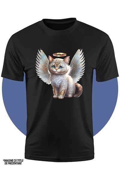 StoryGift Romania Tricou Copii Cu O Pisica Blanoasa Cu Aripi, Ilustratie, Simboluri Aurii, Fantastic, Pentru