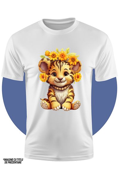 StoryGift Romania Children's T-shirt with a cheerful tiger cub, flowers on the head, sunflower, nature, freedom