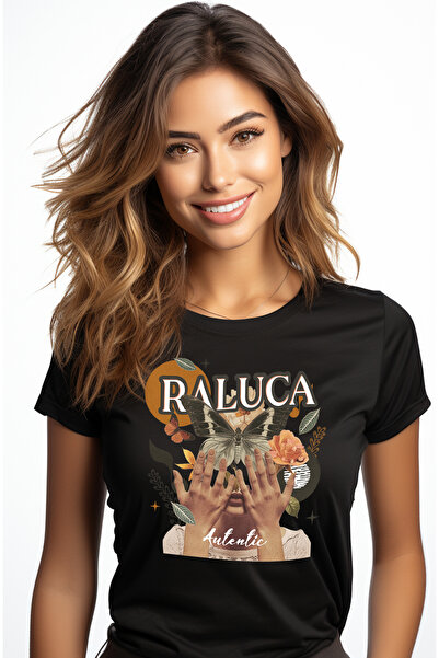 StoryGift Romania Women's T-Shirt With Name Raluca, Girl Collage, Butterfly, Flowers, Circle, with Printed on BLK_M