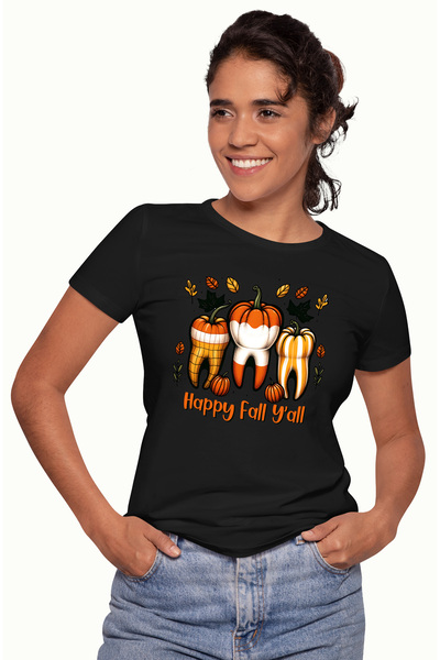 StoryGift Romania Tricou Femei cu mesajul "Happy Fall y'all", profesie, ilustratie, munca, dedicar BLK_S