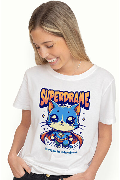 StoryGift Romania Tricou Femei Super Drame, SuperErou, Pisica Zburand, cu imprimeu pe Fata, 100% WHT_L