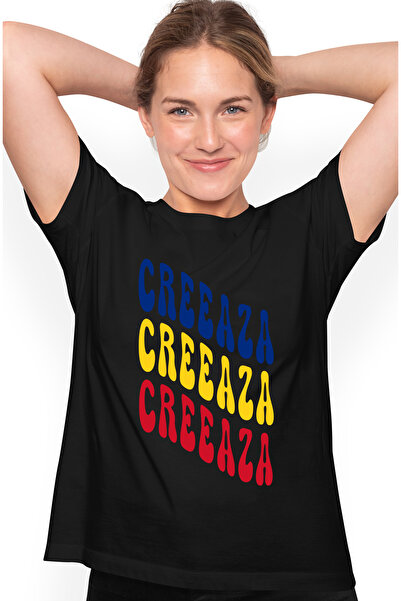 StoryGift Romania Tricou Femei Cuvantul Creeaza, in Culorile Steagului Romaniei, Rosu, Galben, Alb BLK_M