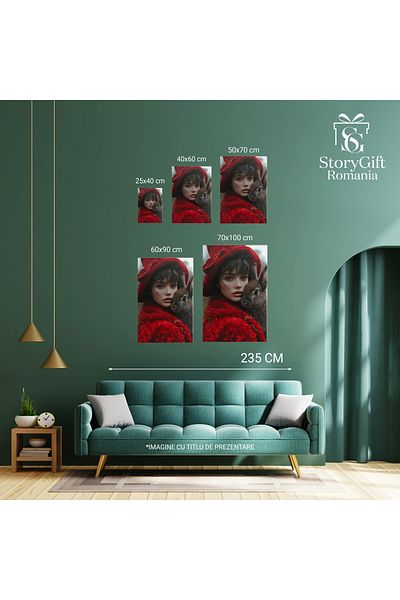 StoryGift Romania Tablou Canvas Fata În Roșu Cu Pălărie Pufoasă Îmbrățișează Iepurele Speriat Protectoarea Animal