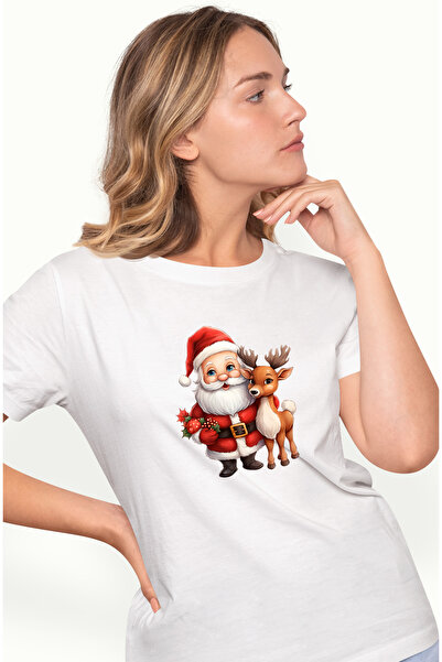 StoryGift Romania Tricou Femei cu Mos Craciun si un ren, ilustratie, trage sa...