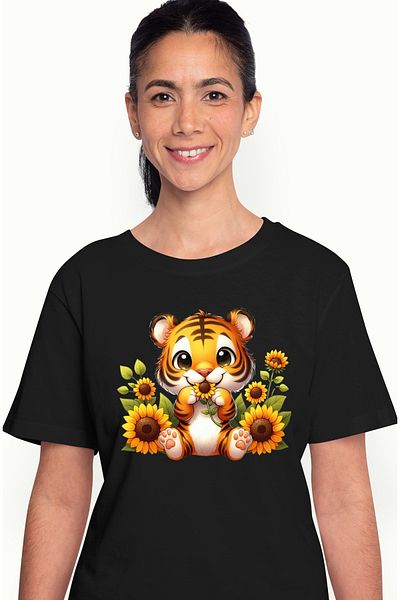 StoryGift Romania Women's T-shirt with a little tiger, illustration, sunflower, curious, playful, pl BLK_L