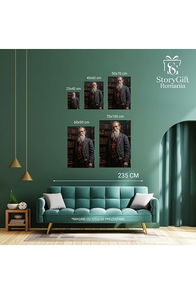StoryGift Romania Tablou Canvas: Portret Barbat In Costum Albastru Cu Par Lung Si Barba Alba In Bibloteca Om De A