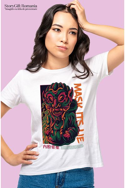 StoryGift Romania Tricou Femei Cu Masca Stil Dragon Chinezesc, Hanorac Larg, Text In Engleza Mask WHT_L