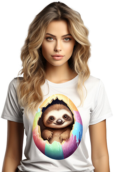 StoryGift Romania Tricou Femei cu animalul Sloth/lenes care iese dintr-un ou spart, vesel, fericir WHT_L