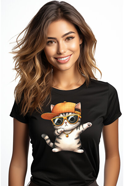 StoryGift Romania Tricou Femei cu o pisica, ilustratie, rap, sapca, lant de a...