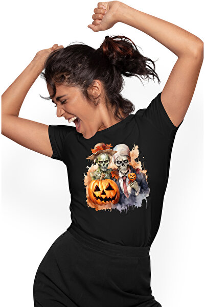 StoryGift Romania Tricou Femei cu 2 zombie, ilustratie, Halloween, dovleci decorati, infricosator, BLK_L